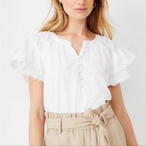 Ann Taylor White Swiss Dot Flutter Sleeve Top